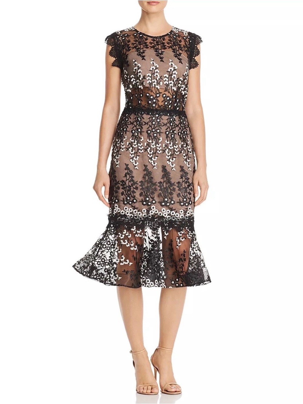 Bronx and Banco Dalia Illusion‎ Lace Midi Dress Women's Size 4 Small Floral